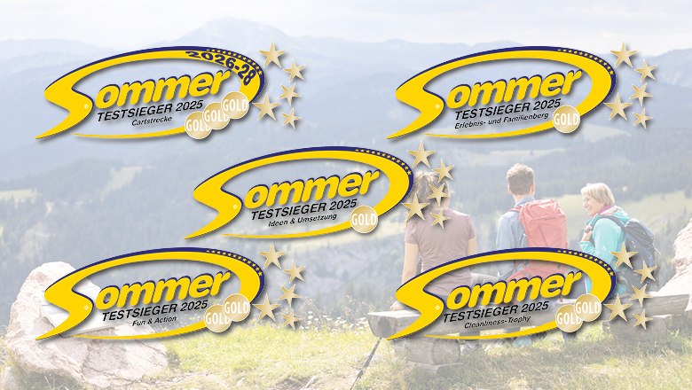 Skiareatest Sommer 2025 Drei Personen auf einer Holzbank mit Blick auf bewaldete Berge, darüber fünf gelbe Sommer-Logos mit Text 'Testsieger 2025' und goldenen Sternen.