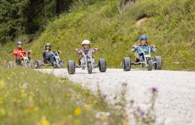Familie fährt mit den Mountaincarts ins Tal