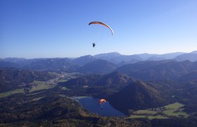 Paragleiter auf der Gemeindealpe Mitterbach. Im Hintergrund sieht man den Erlaufsee und die Berge.