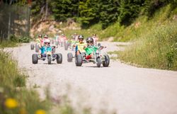 Kinder und Erwachsene fahren mit Helmen in Mountaincarts eine Schotterstraße hinunter.
