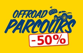Grafik mit der Aufschrift ‚Offroad Parcours –50 % auf gelbem Hintergrund, mit Symbol eines ferngesteuerten Autos.