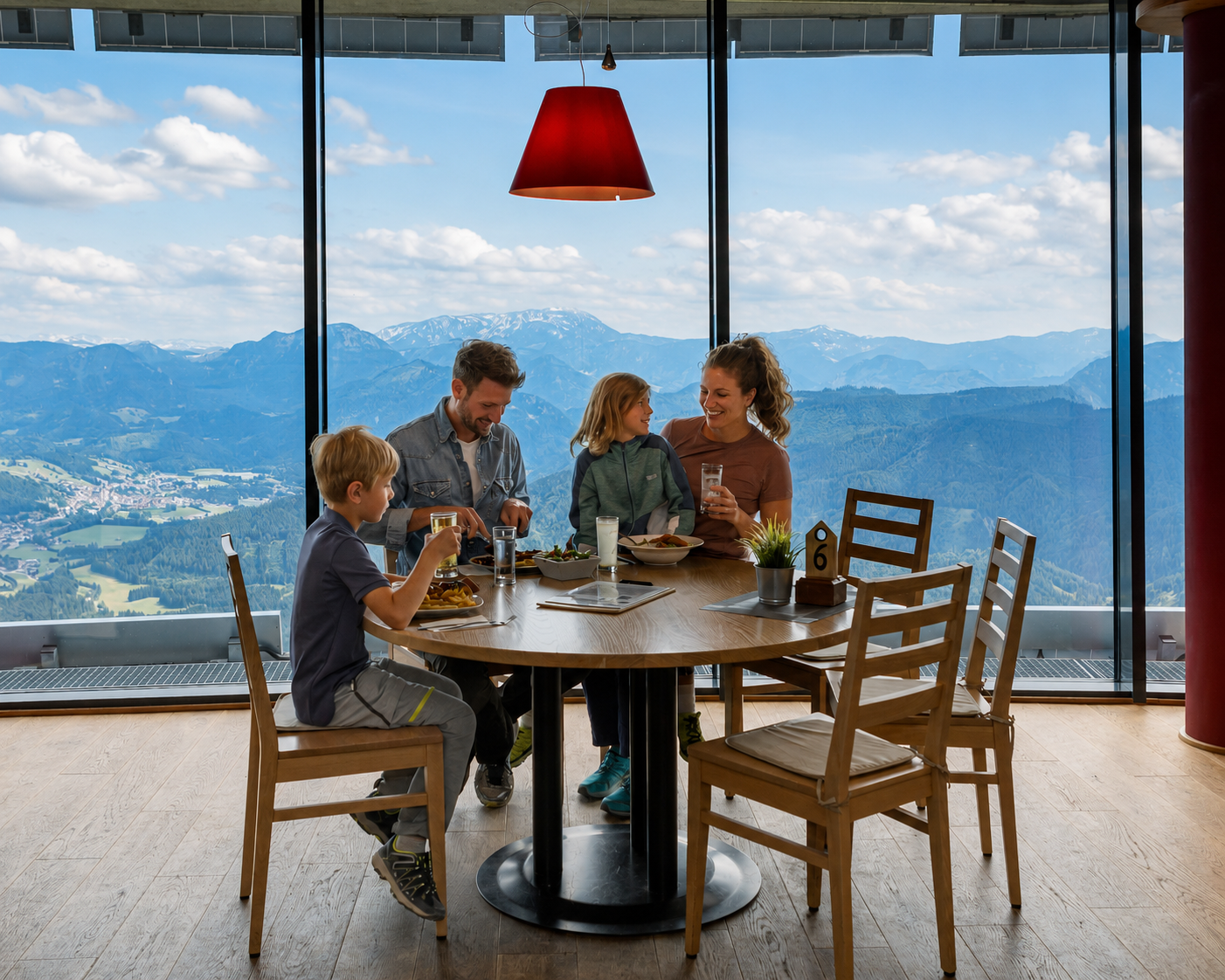 Zwei Erwachsene und zwei Kinder essen an einem Tisch vor einem großen Panoramafenster mit Bergblick.