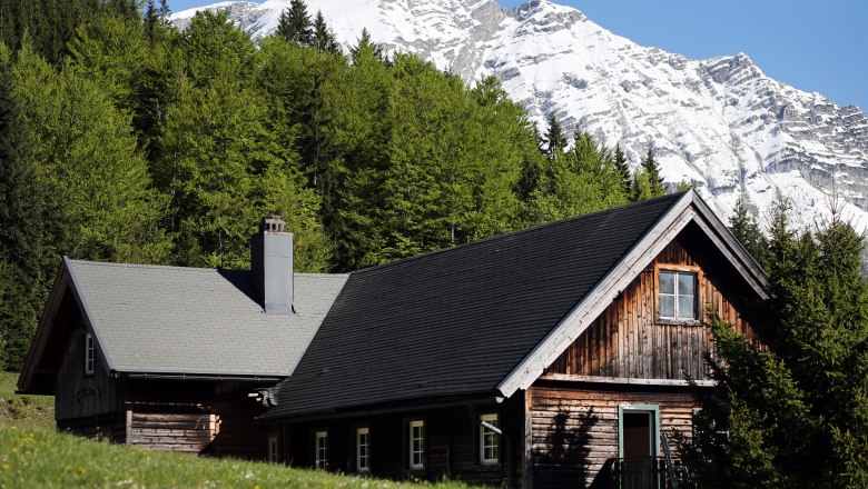 Holzh&uuml;tte vor schneebedecktem Berg und gr&uuml;nem Wald.