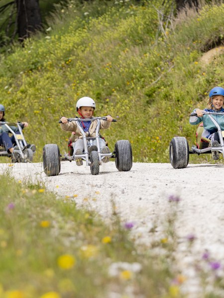 Familie fährt mit den Mountaincarts ins Tal